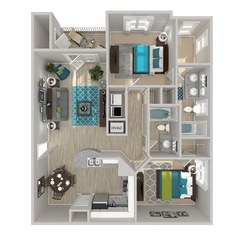 Floor plan for 2 beds, 2 baths, 1227 sqft